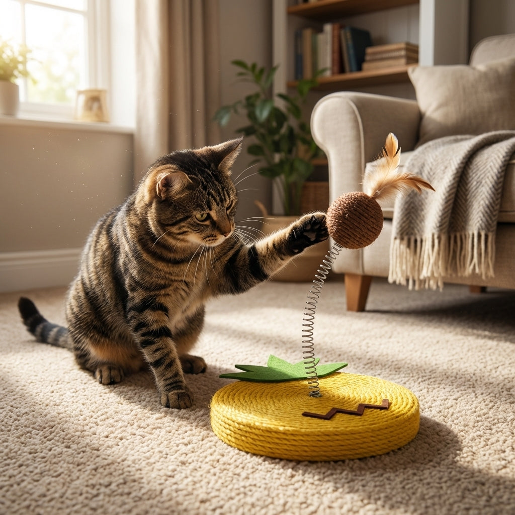 Sisal Spring Cat Toy With Scratching Base In Fruit Designs 17.5 By 20 Cm | Temsk