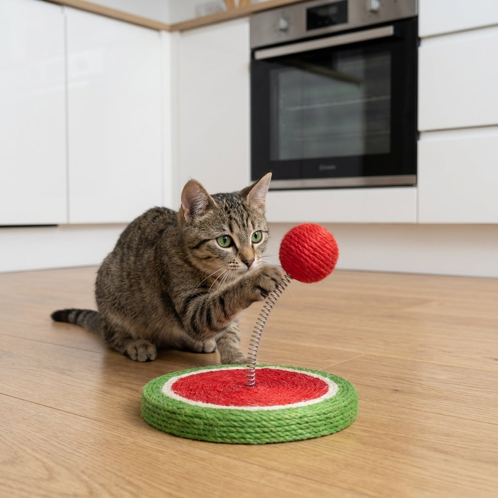Sisal Spring Cat Toy With Scratching Base In Fruit Designs 17.5 By 20 Cm | Temsk