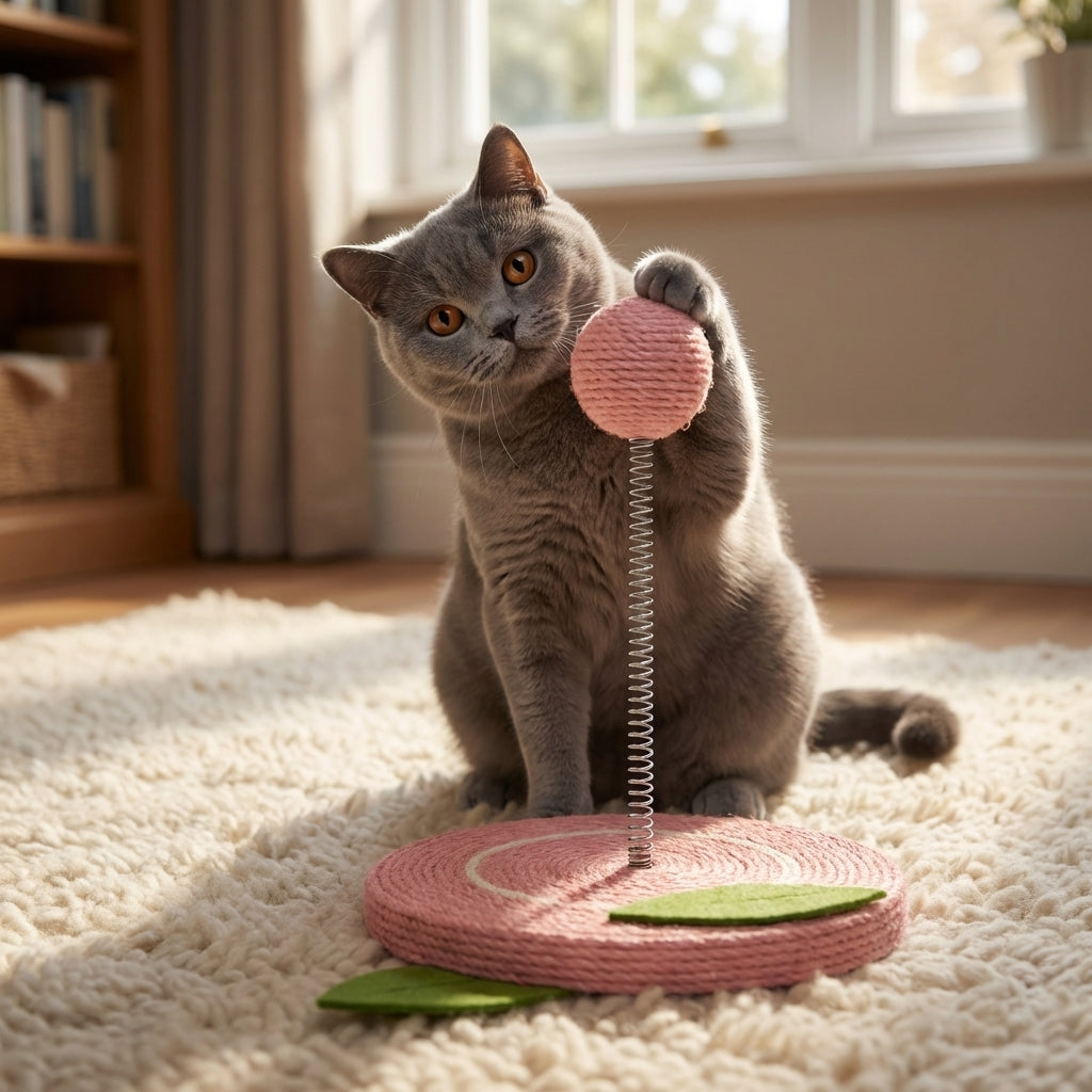 Sisal Spring Cat Toy With Scratching Base In Fruit Designs 17.5 By 20 Cm | Temsk