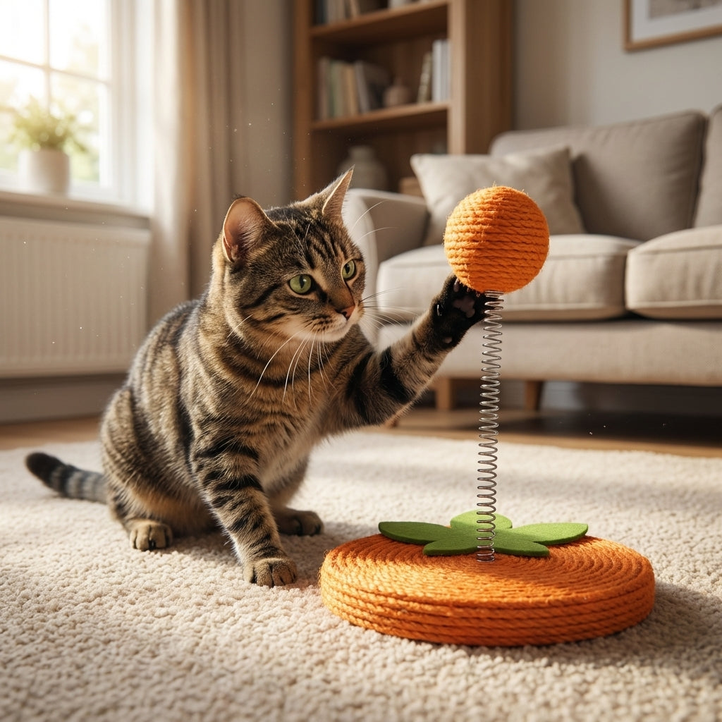 Sisal Spring Cat Toy With Scratching Base In Fruit Designs 17.5 By 20 Cm | Temsk