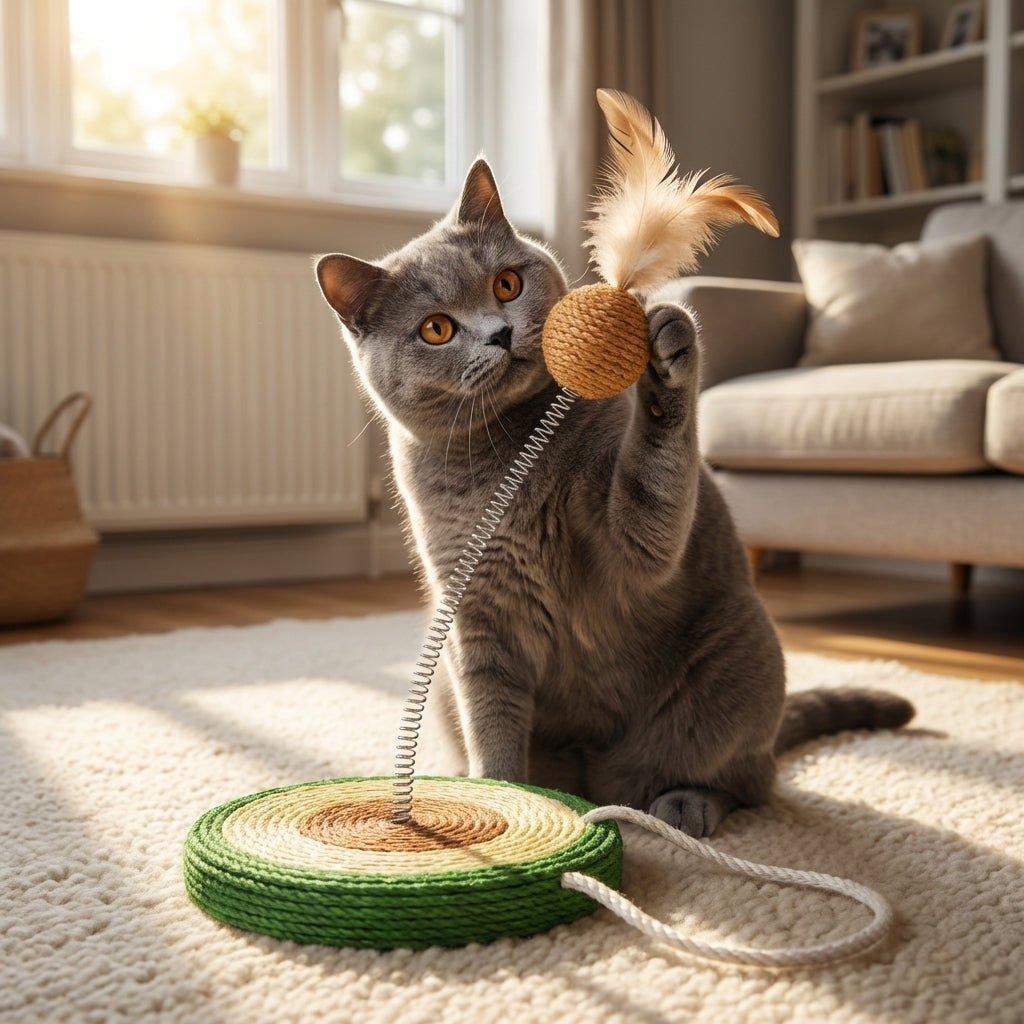 Sisal Spring Cat Toy With Scratching Base In Fruit Designs 17.5 By 20 Cm | Temsk