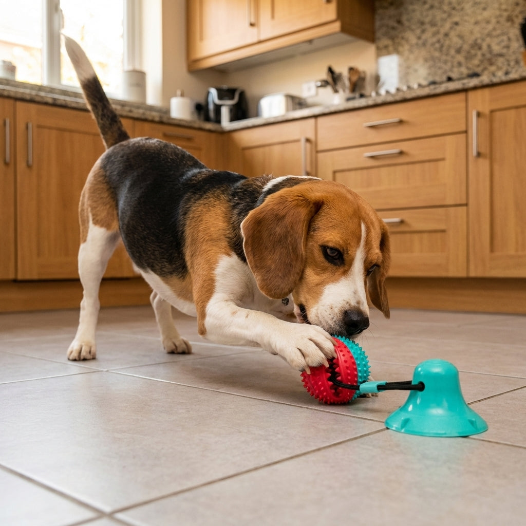 Suction Cup Tug and Chew Toy for Dogs with BPA-Free Rubber Ball on a Bungee Rope | Temsk