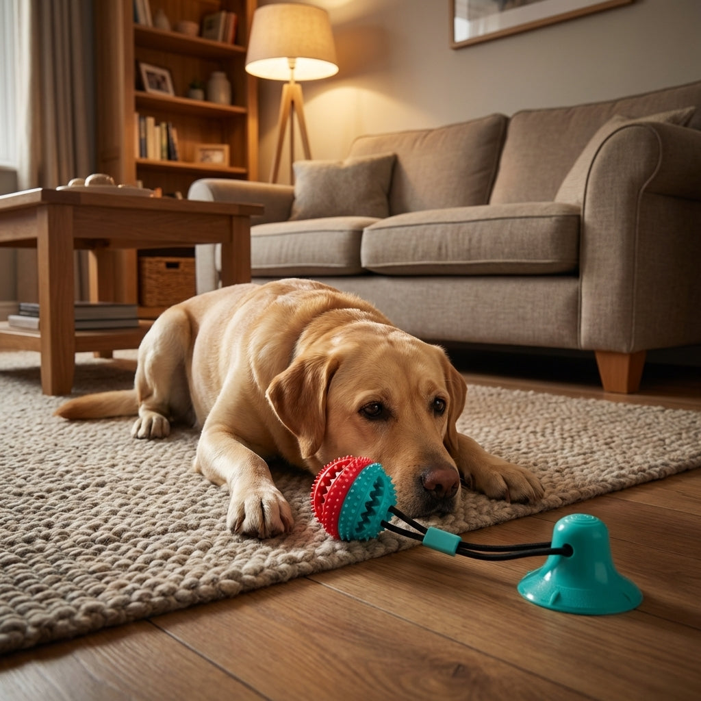 Suction Cup Tug and Chew Toy for Dogs with BPA-Free Rubber Ball on a Bungee Rope | Temsk