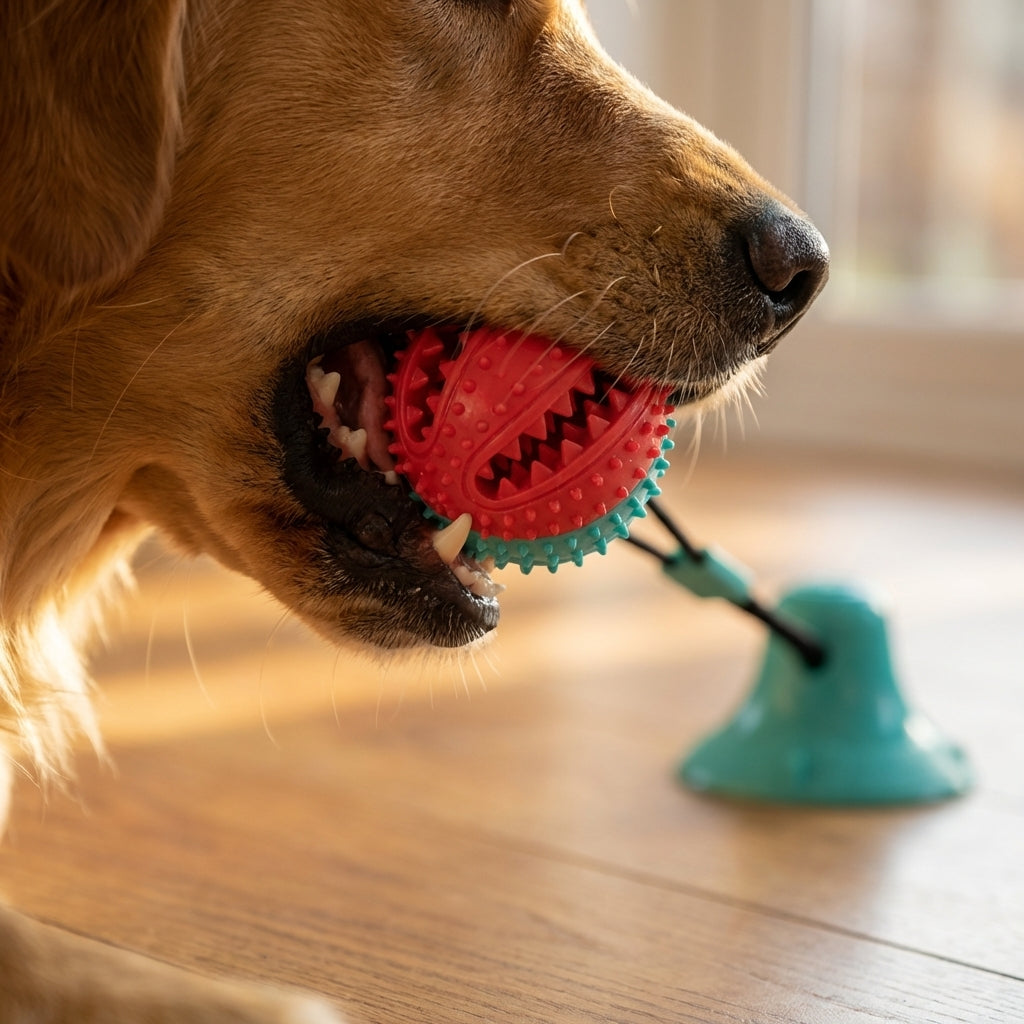 Suction Cup Tug and Chew Toy for Dogs with BPA-Free Rubber Ball on a Bungee Rope | Temsk