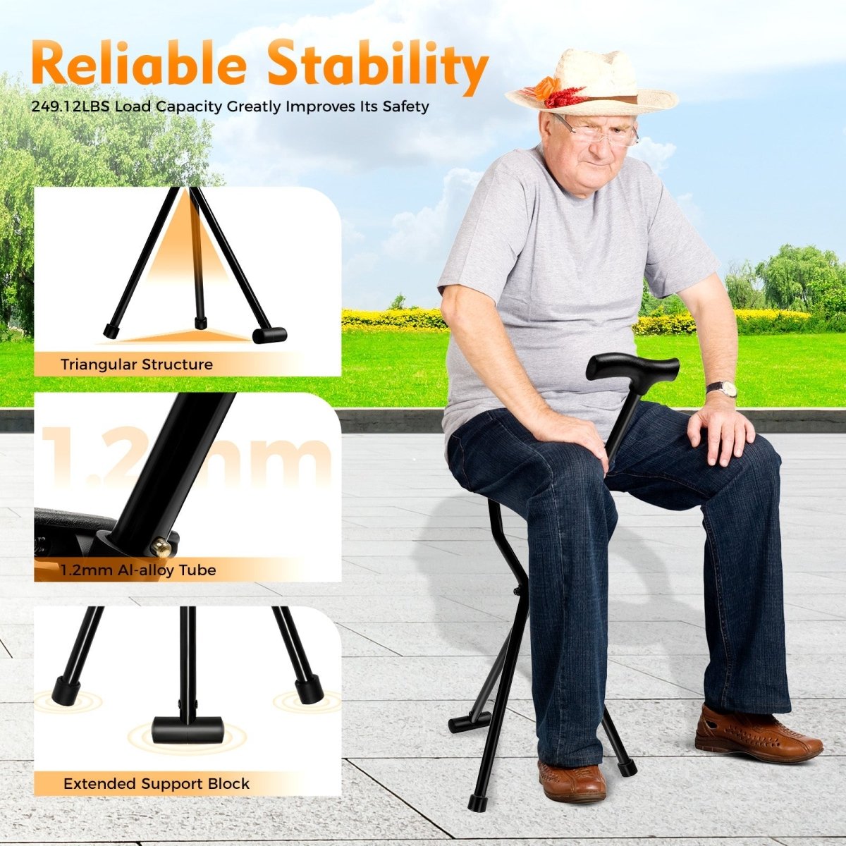 StrideSeat Foldable Walking Stick With Integrated Seat For On The Go Comfort | Temsk