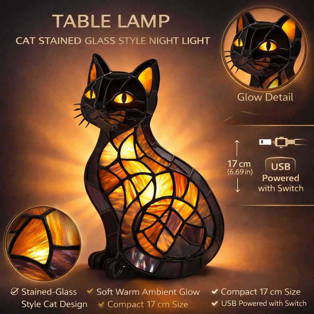 Cat Night Light With Stained Glass Style Table Lamp For Cozy Ambience | Temsk
