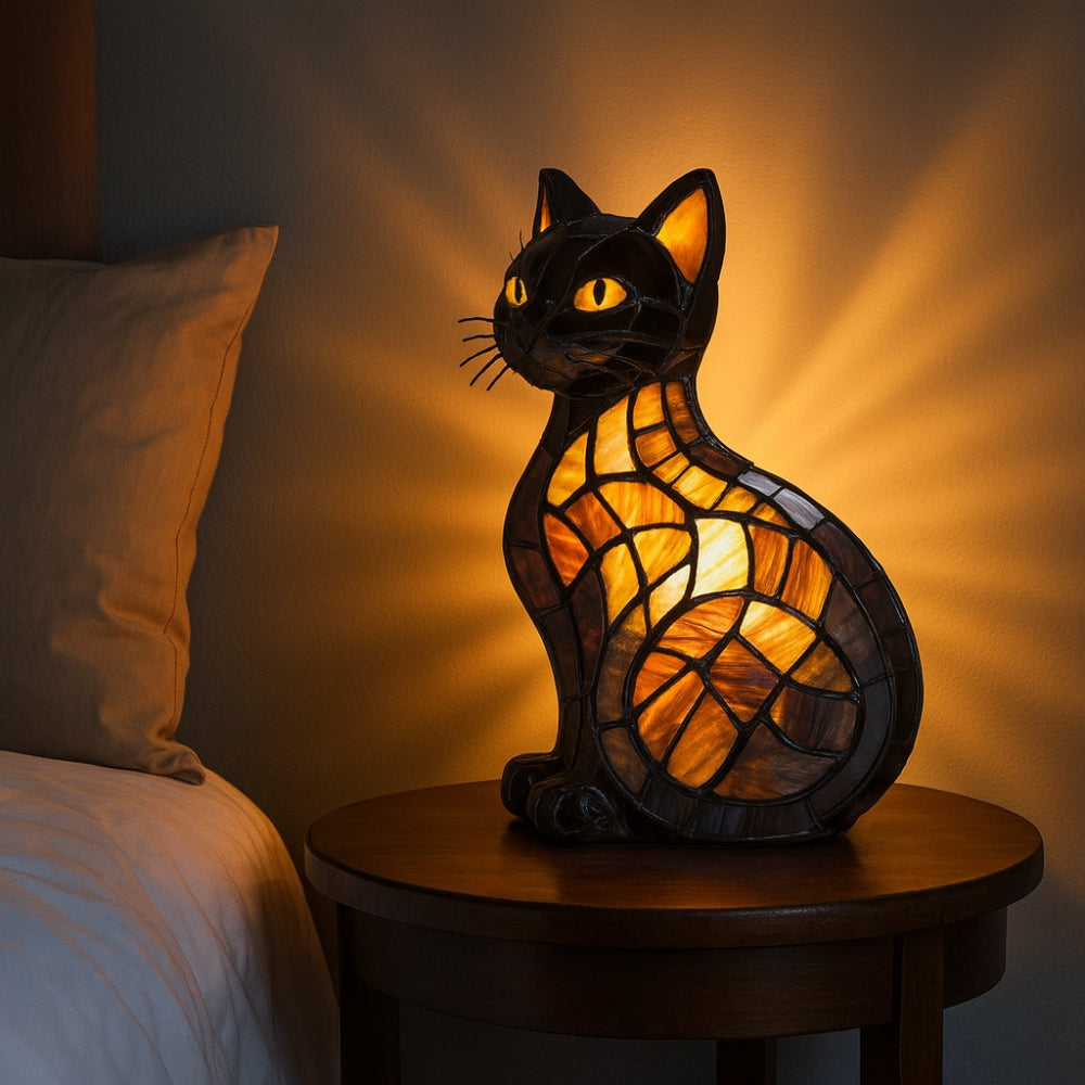 Cat Night Light With Stained Glass Style Table Lamp For Cozy Ambience | Temsk