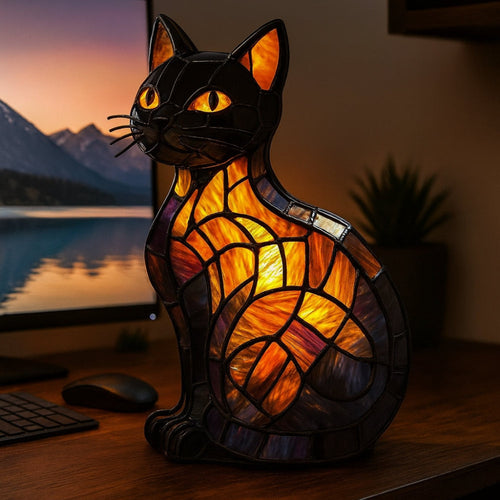 Cat Shaped Night Light With Stained Glass Table Lamp For Cozy Ambience Temsk