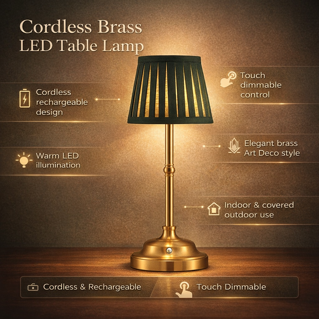 Kabellose Messing LED Tischlampe mit Touch-Dimmung und wiederaufladbarem Akku | Temsk