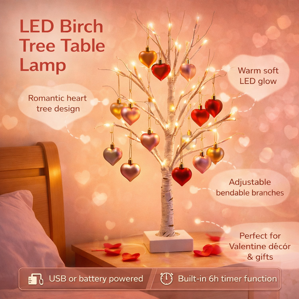 Birch Tree LED Table Lamp With Heart Light For Valentines Home Decor | Temsk