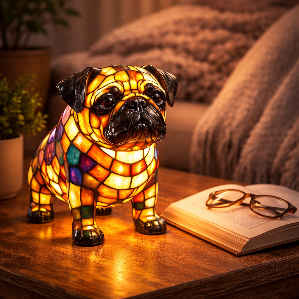 Stained Glass Dog Figurine LED Night Light Table Lamp For Bedroom | Temsk