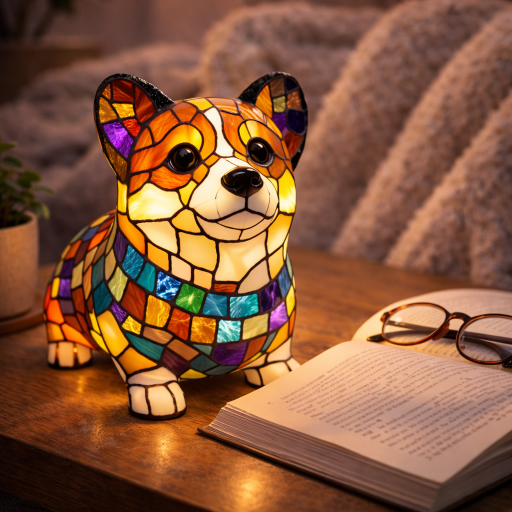 Stained Glass Dog Figurine LED Night Light Table Lamp For Bedroom | Temsk