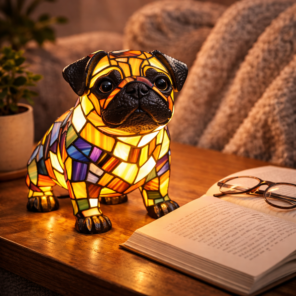 Stained Glass Dog Figurine LED Night Light Table Lamp For Bedroom | Temsk