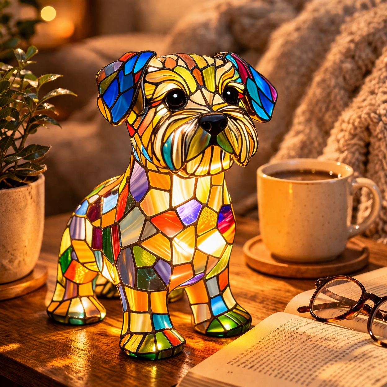 Stained Glass Dog Figurine LED Night Light Table Lamp For Bedroom | Temsk