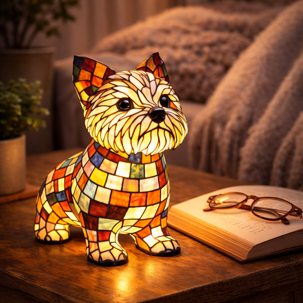 Stained Glass Dog Figurine LED Night Light Table Lamp For Bedroom | Temsk