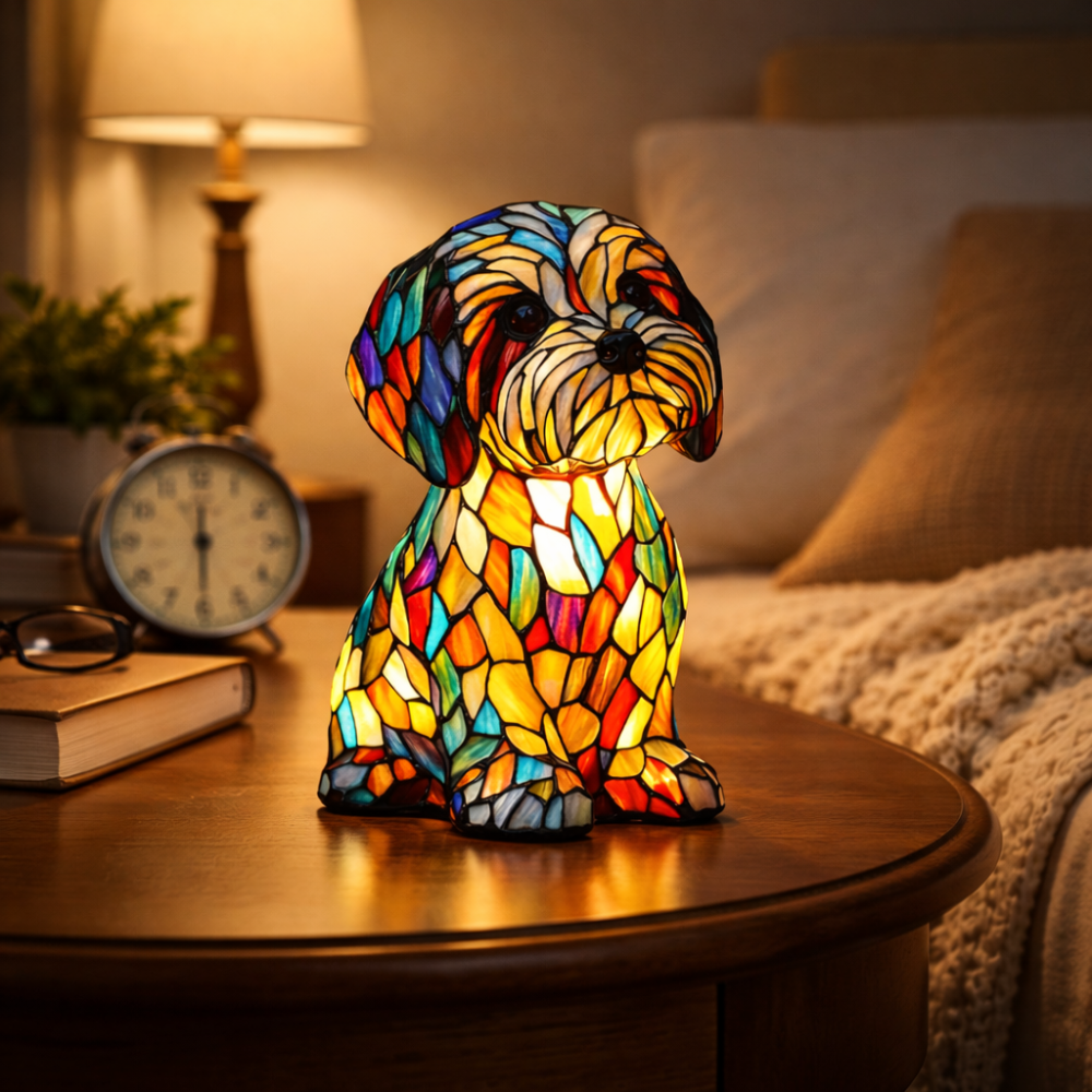 Stained Glass Dog Figurine LED Night Light Table Lamp For Bedroom | Temsk