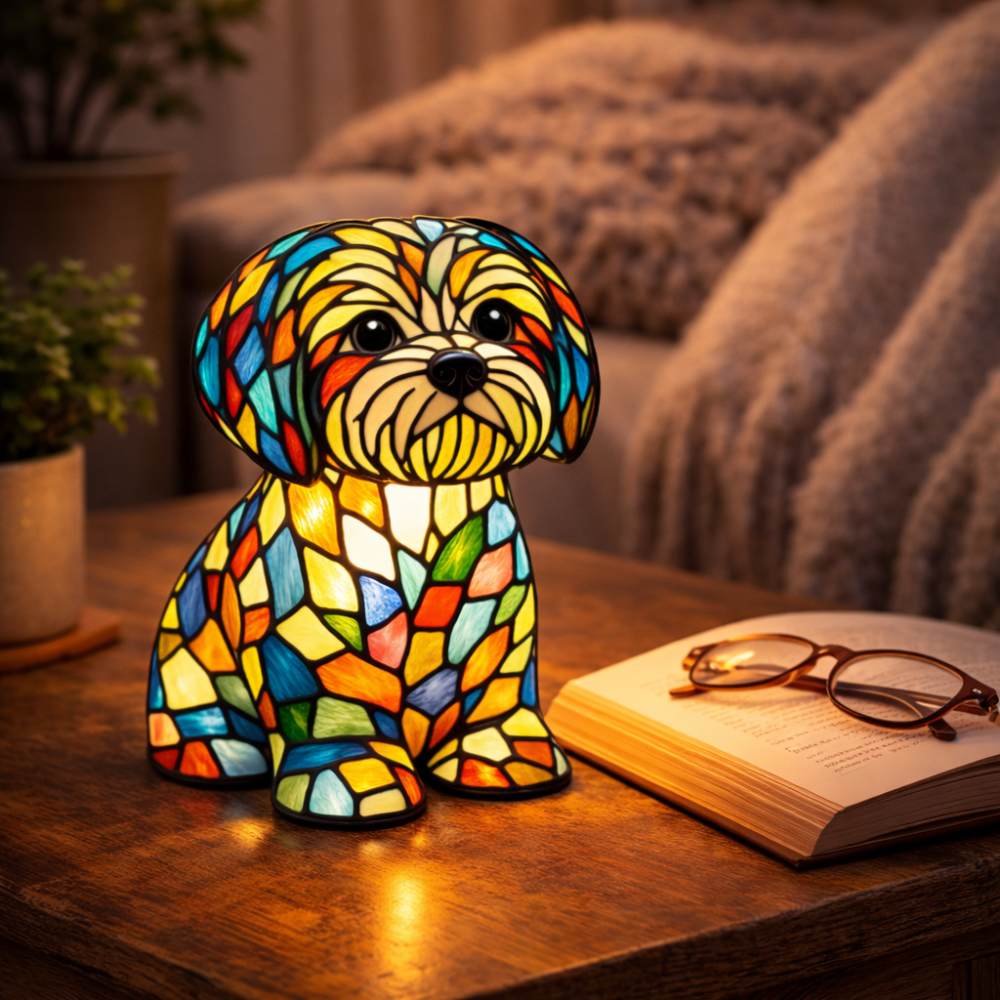 Stained Glass Dog Figurine LED Night Light Table Lamp For Bedroom | Temsk