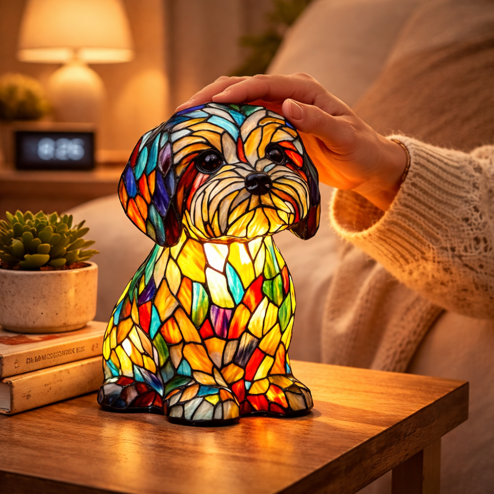 Stained Glass Dog Figurine LED Night Light Table Lamp For Bedroom | Temsk