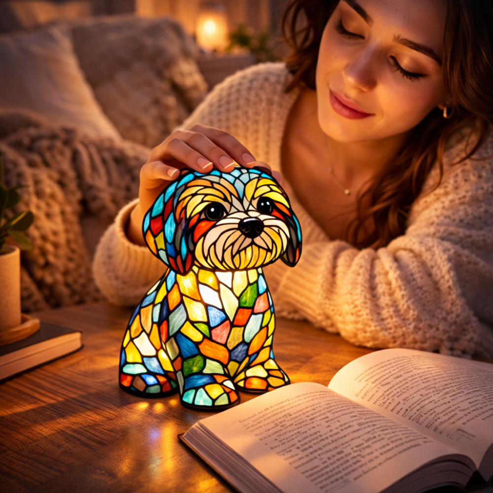 Stained Glass Dog Figurine LED Night Light Table Lamp For Bedroom | Temsk