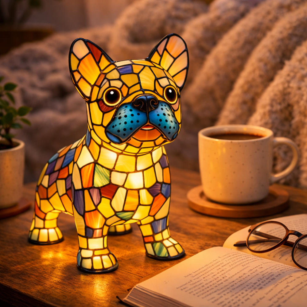 Stained Glass Dog Figurine LED Night Light Table Lamp For Bedroom | Temsk