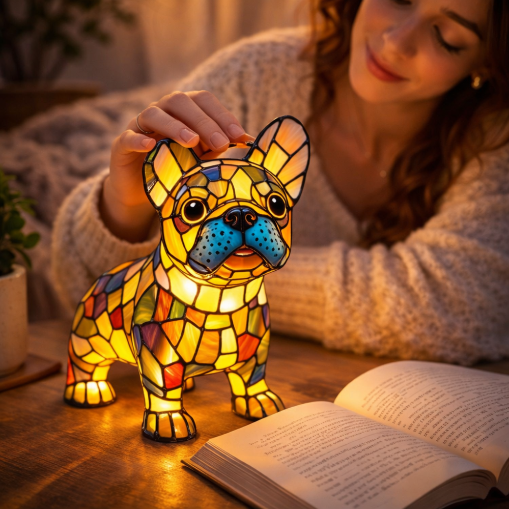 Stained Glass Dog Figurine LED Night Light Table Lamp For Bedroom | Temsk