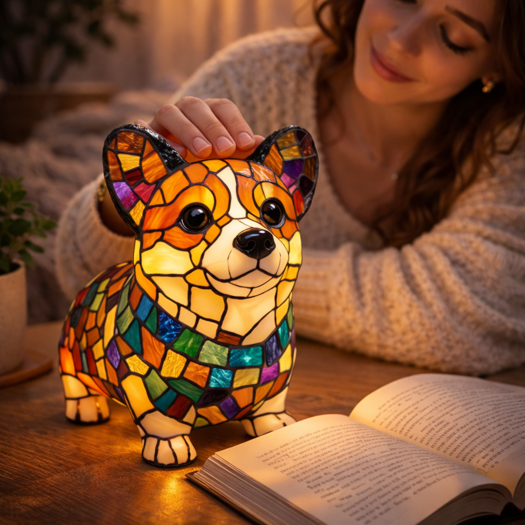 Stained Glass Dog Figurine LED Night Light Table Lamp For Bedroom | Temsk