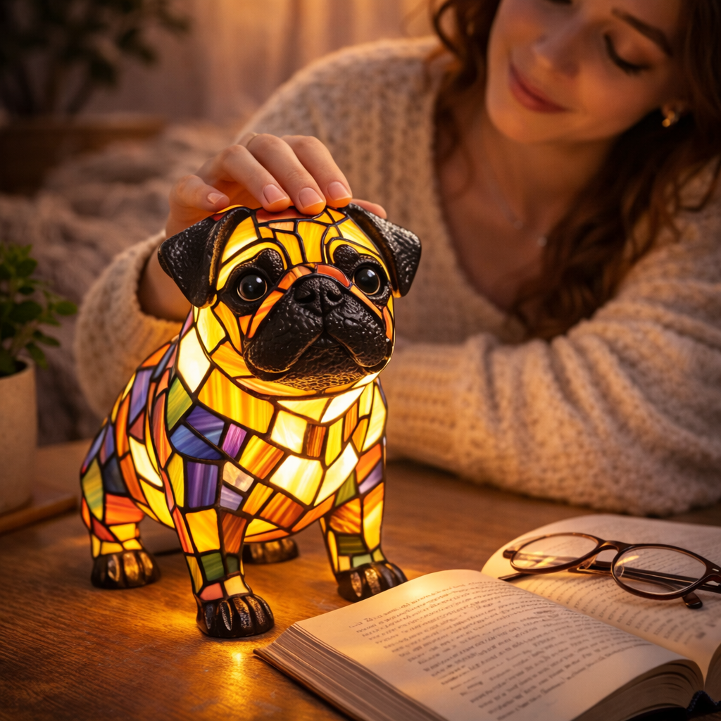Stained Glass Dog Figurine LED Night Light Table Lamp For Bedroom | Temsk