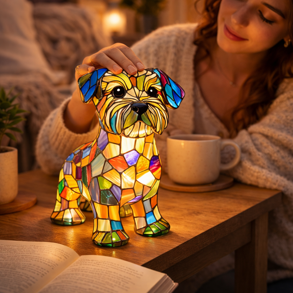 Stained Glass Dog Figurine LED Night Light Table Lamp For Bedroom | Temsk
