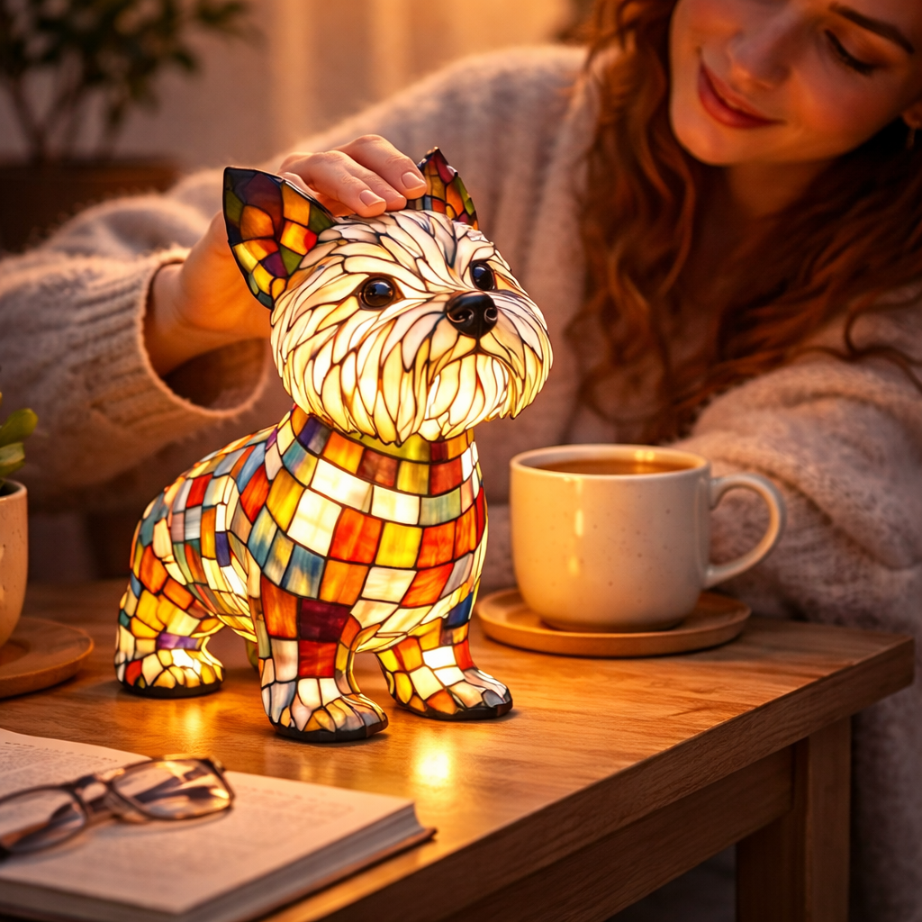 Stained Glass Dog Figurine LED Night Light Table Lamp For Bedroom | Temsk