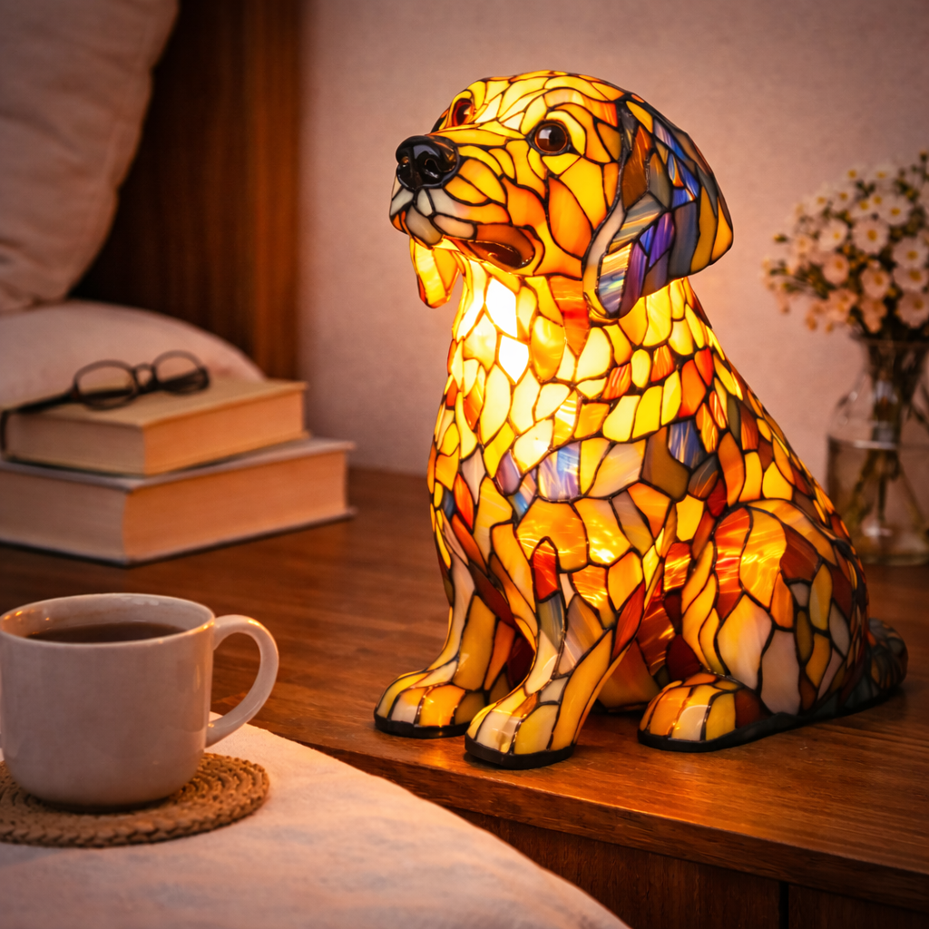 Lampe chien style vitrail avec lumière LED de nuit pour chambre et bureau | Temsk