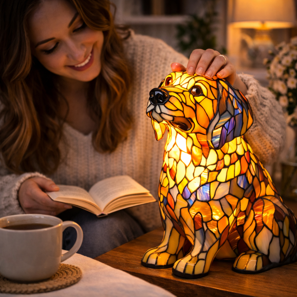 Stained Glass Table Lamp With Dog Design And LED Night Light For Bedroom | Temsk