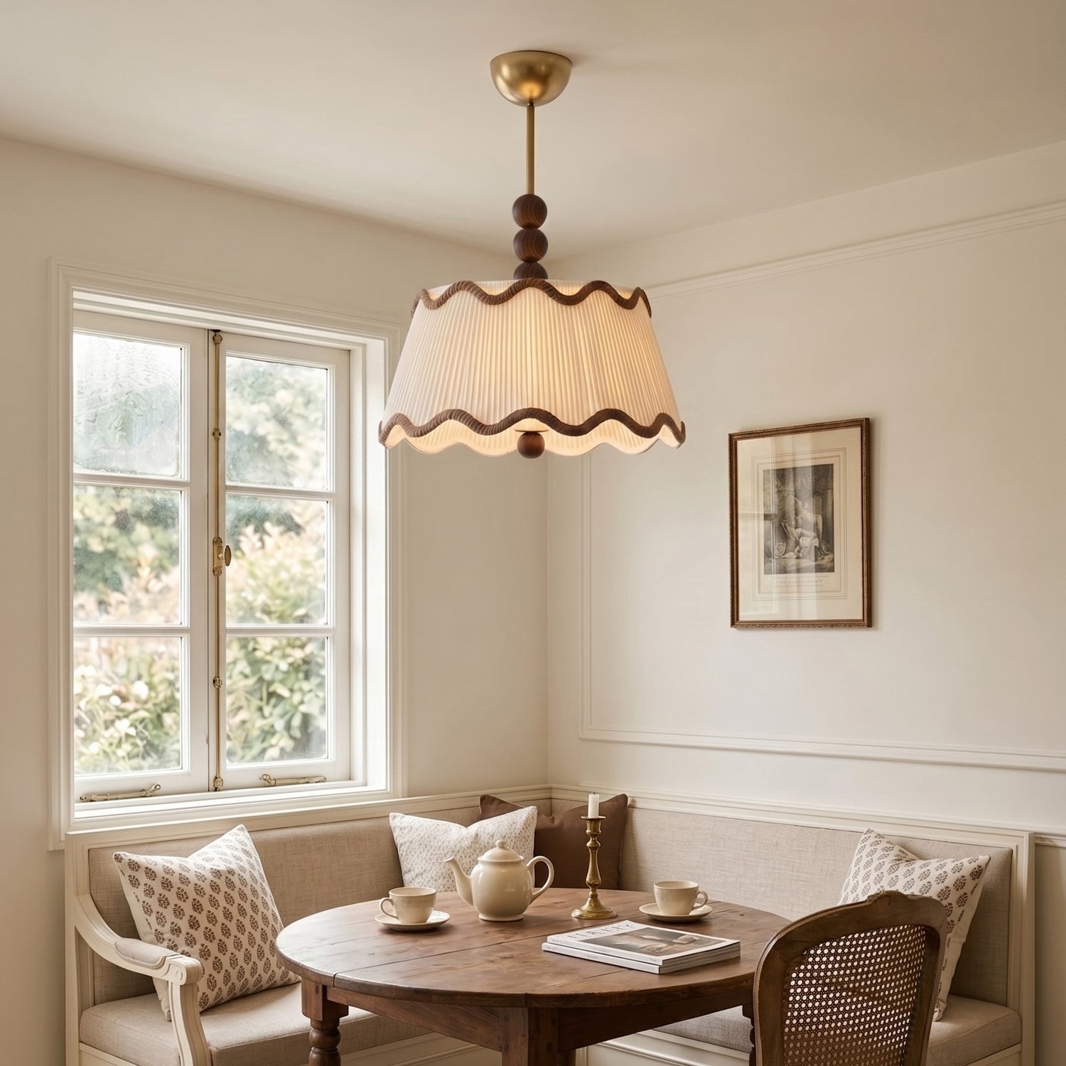 Vintage Cottage Ceiling Light With Pleated Shade And Beaded Wood Details | Temsk