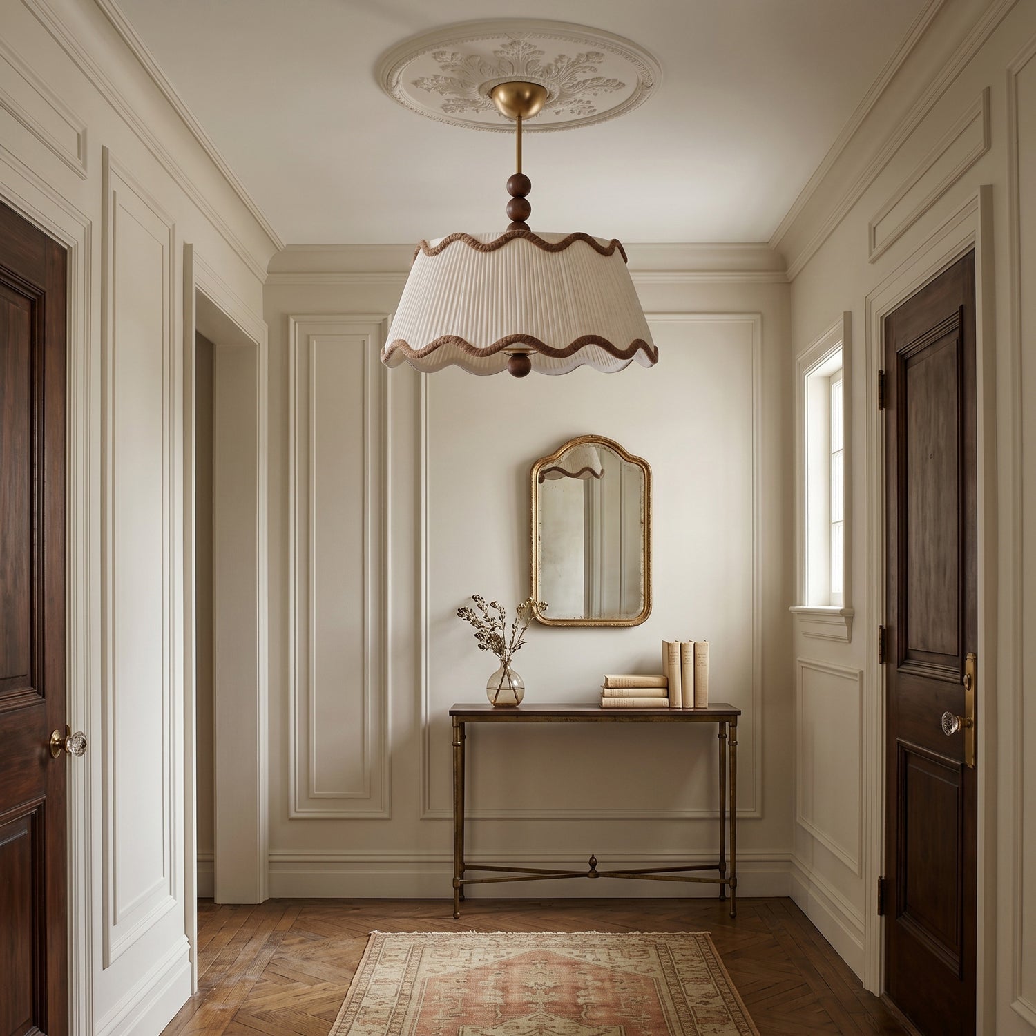Vintage Cottage Ceiling Light With Pleated Shade And Beaded Wood Details | Temsk