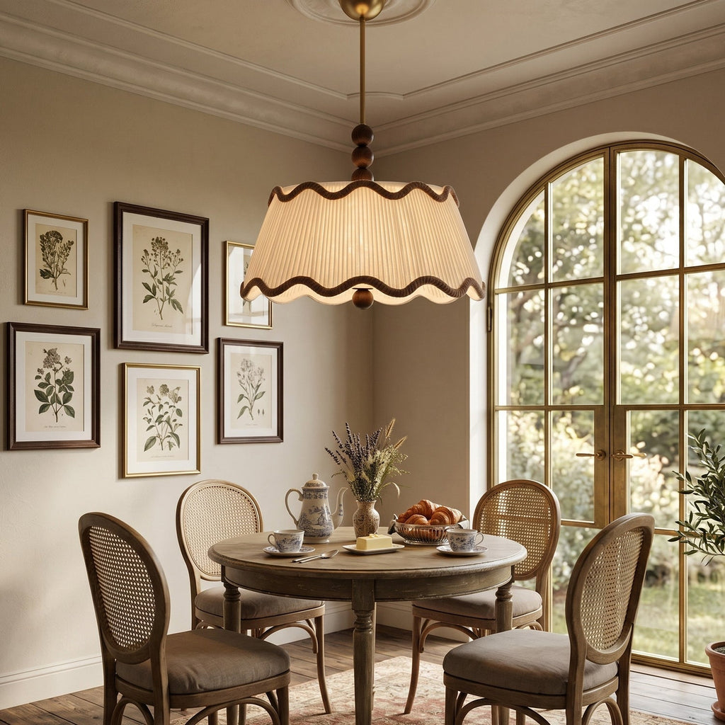 Vintage Cottage Ceiling Light With Pleated Shade And Beaded Wood Details | Temsk
