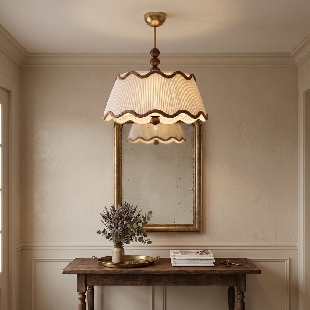 Vintage Cottage Ceiling Light With Pleated Shade And Beaded Wood Details | Temsk