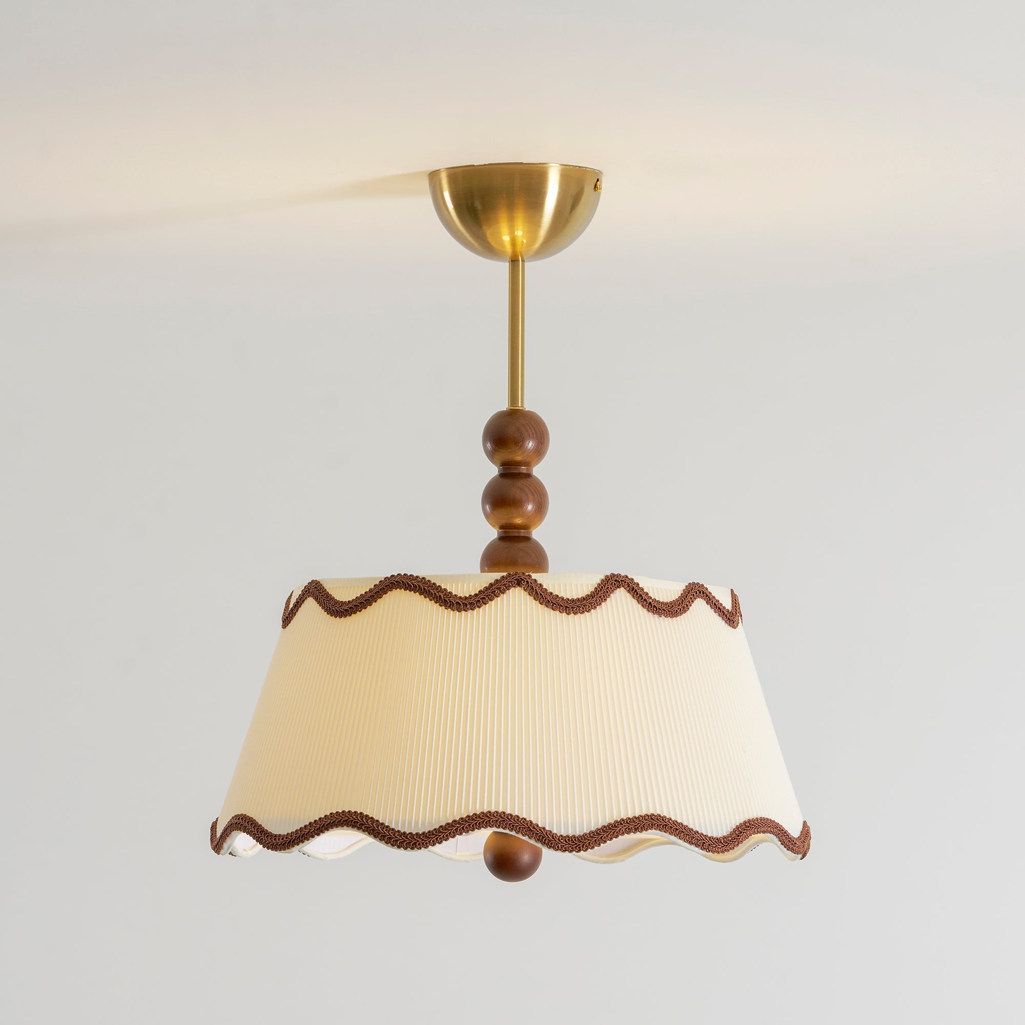 Vintage Cottage Ceiling Light With Pleated Shade And Beaded Wood Details | Temsk