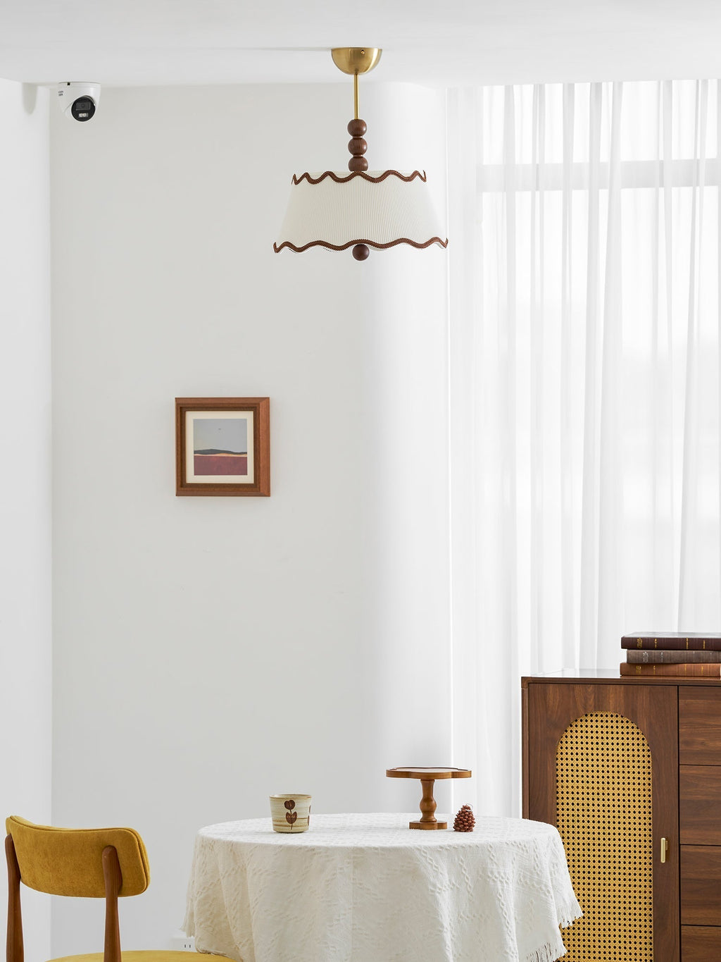 Vintage Cottage Ceiling Light With Pleated Shade And Beaded Wood Details | Temsk