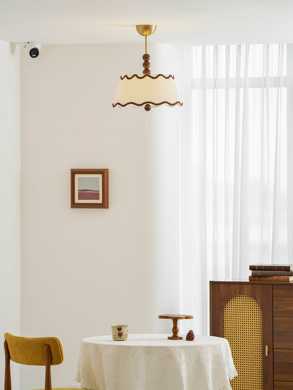 Vintage Cottage Ceiling Light With Pleated Shade And Beaded Wood Details | Temsk