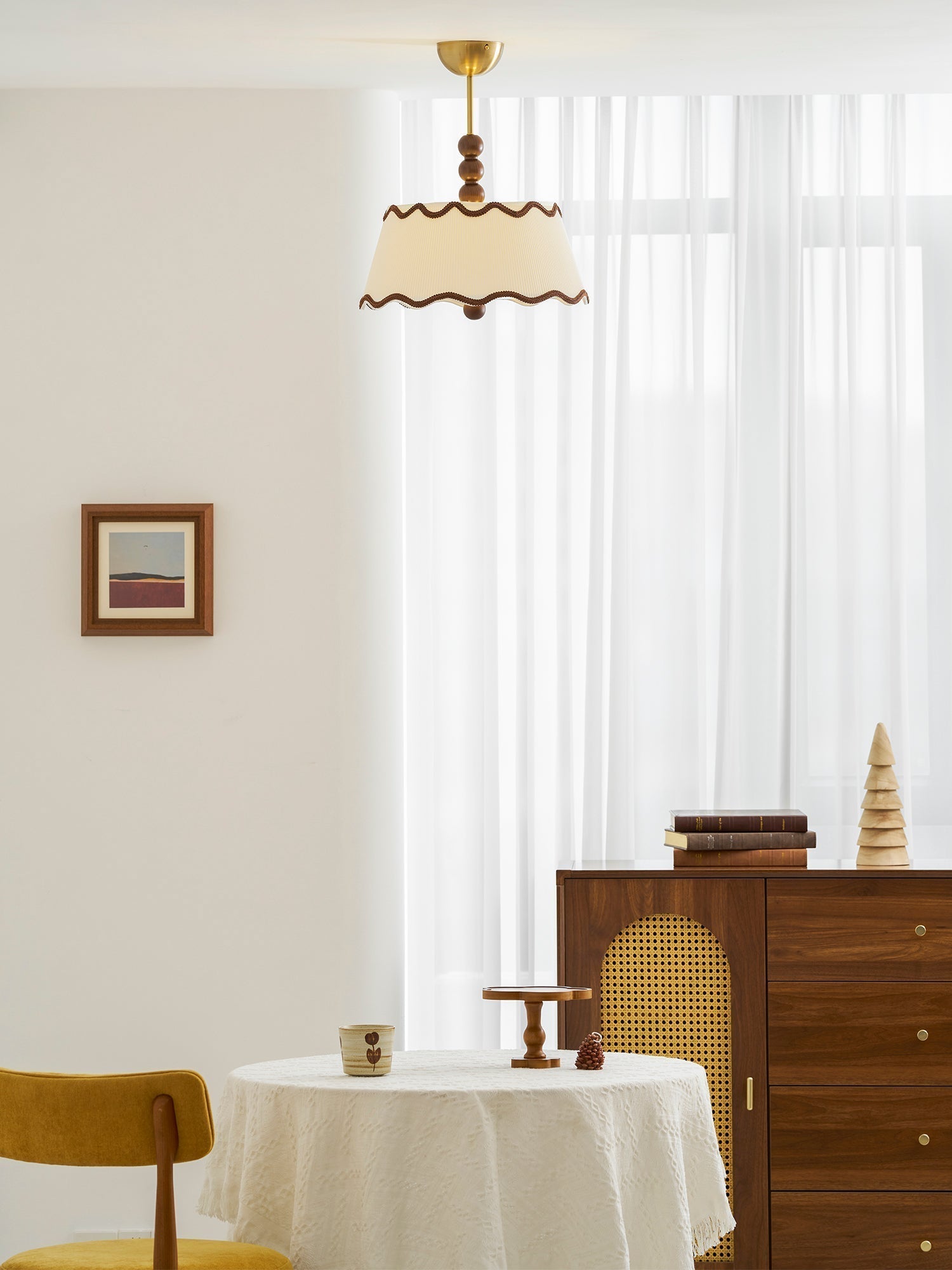 Vintage Cottage Ceiling Light With Pleated Shade And Beaded Wood Details | Temsk
