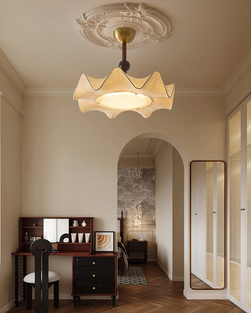 Walnut And Gold Floral LED Ceiling Light With Petal Design | Temsk