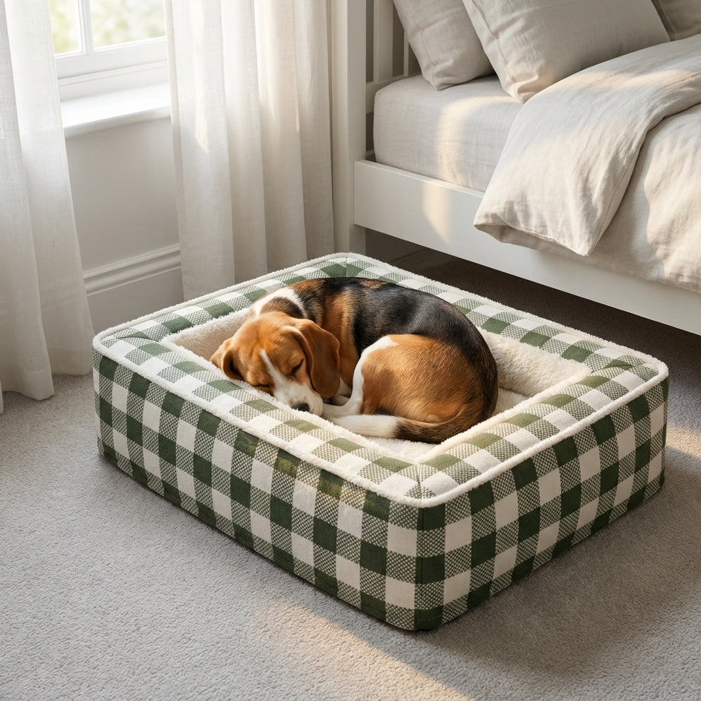 Tartan Check Dog Bed With Foam Core And Plush Interior, Machine Washable Cover | Temsk
