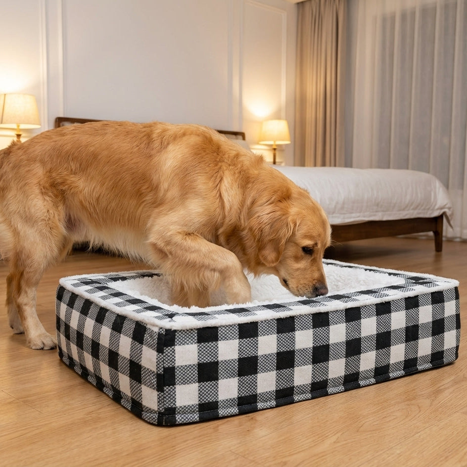 Tartan Check Dog Bed With Foam Core And Plush Interior, Machine Washable Cover | Temsk