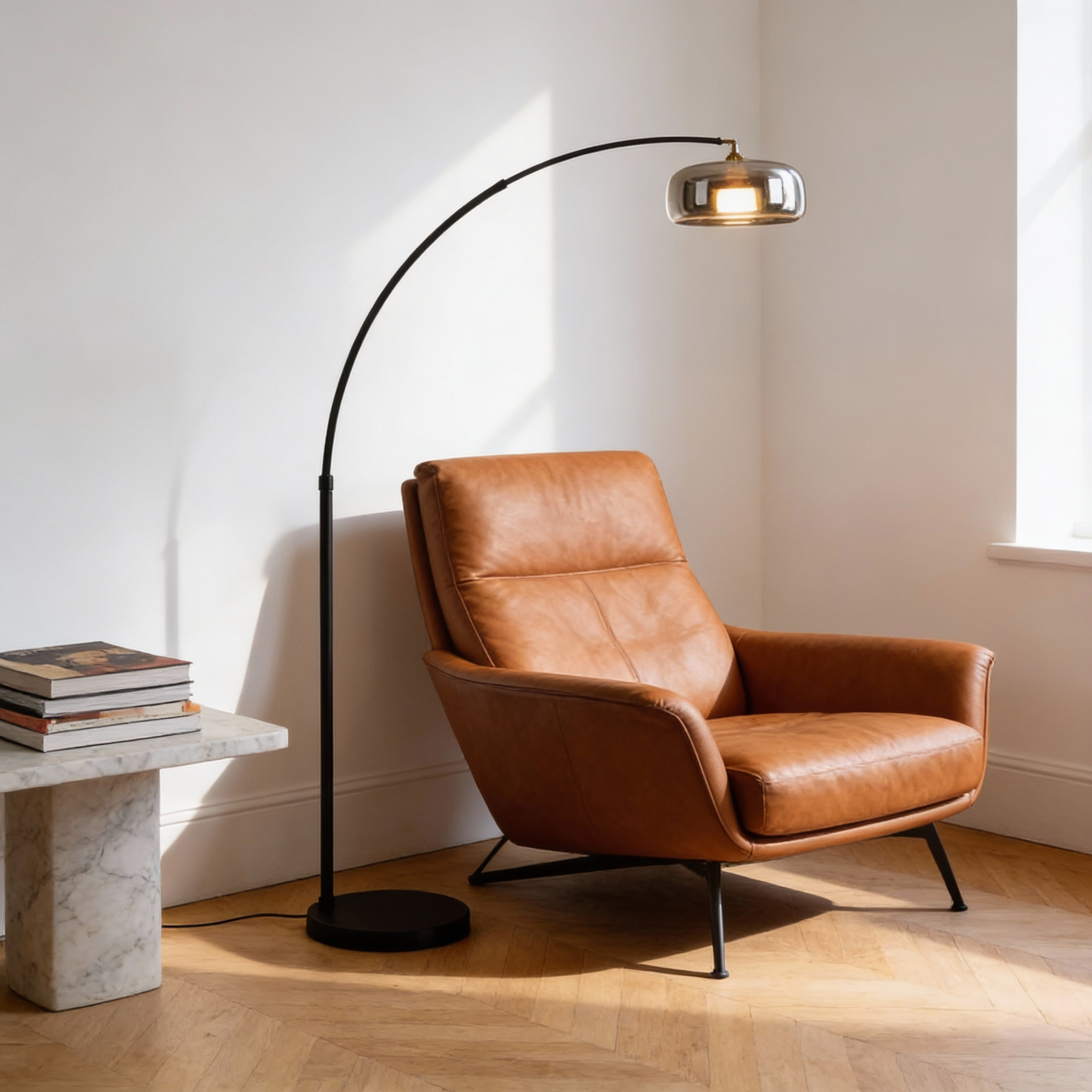 Nova Arc Floor Lamp In Black With Glass Shade For Living Room | Temsk