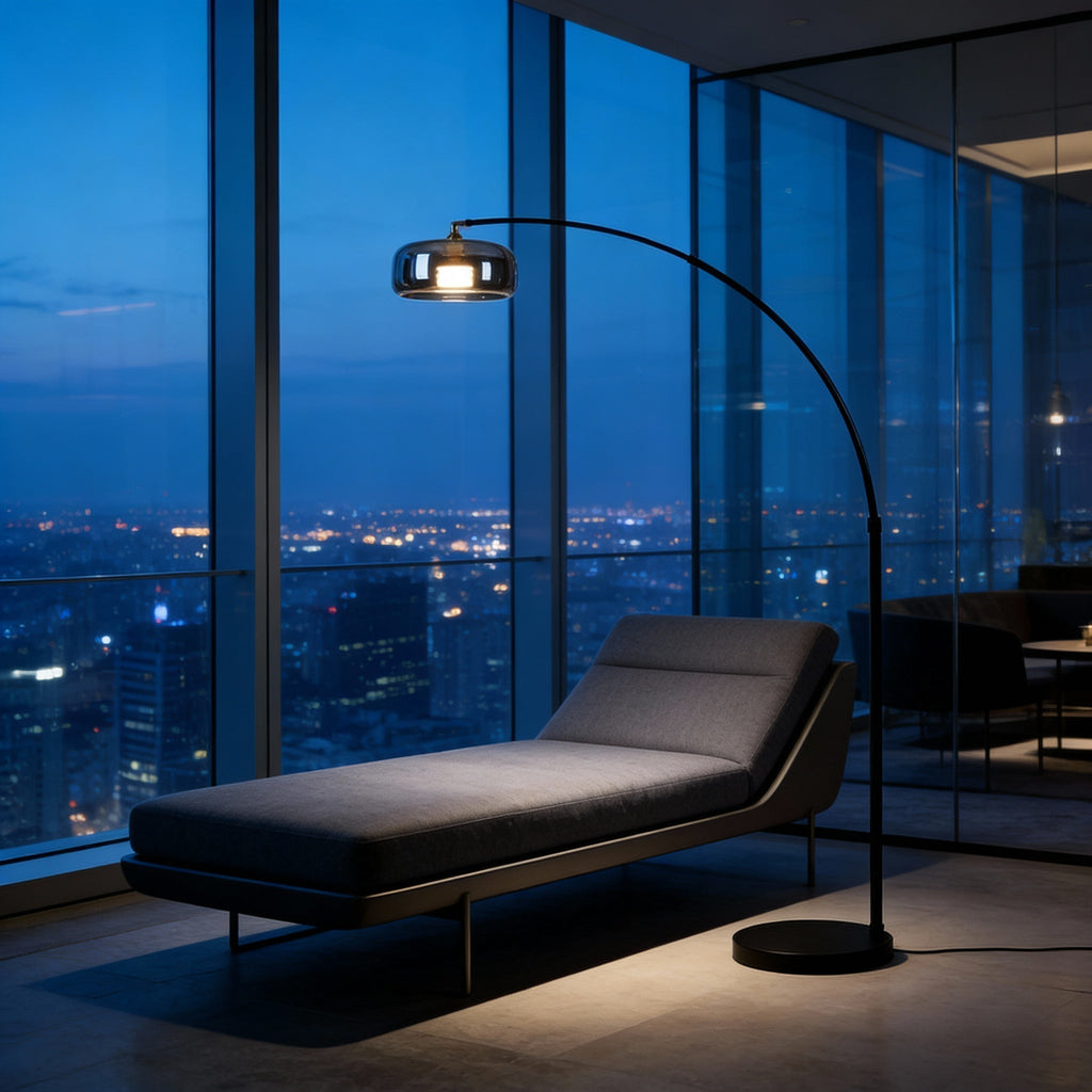 Nova Arc Floor Lamp In Black With Glass Shade For Living Room | Temsk