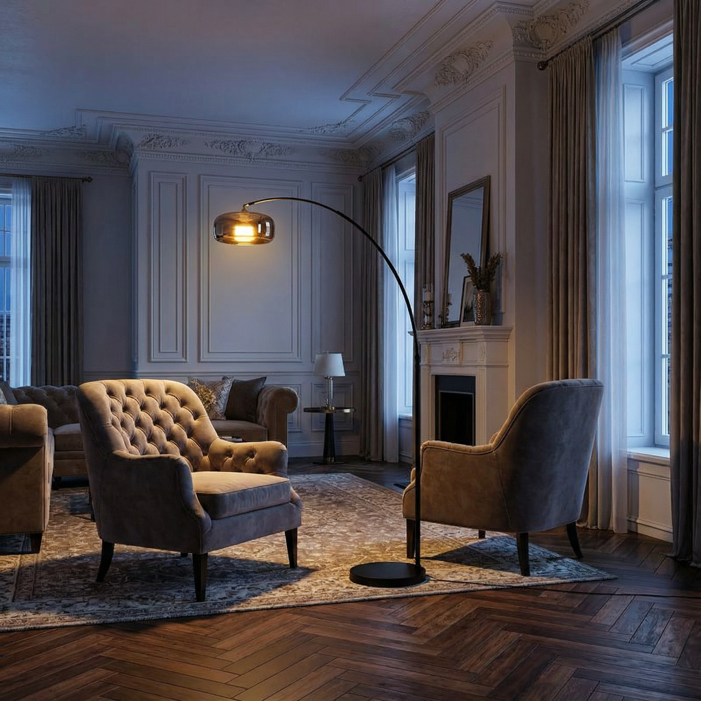 Nova Arc Floor Lamp In Black With Glass Shade For Living Room | Temsk