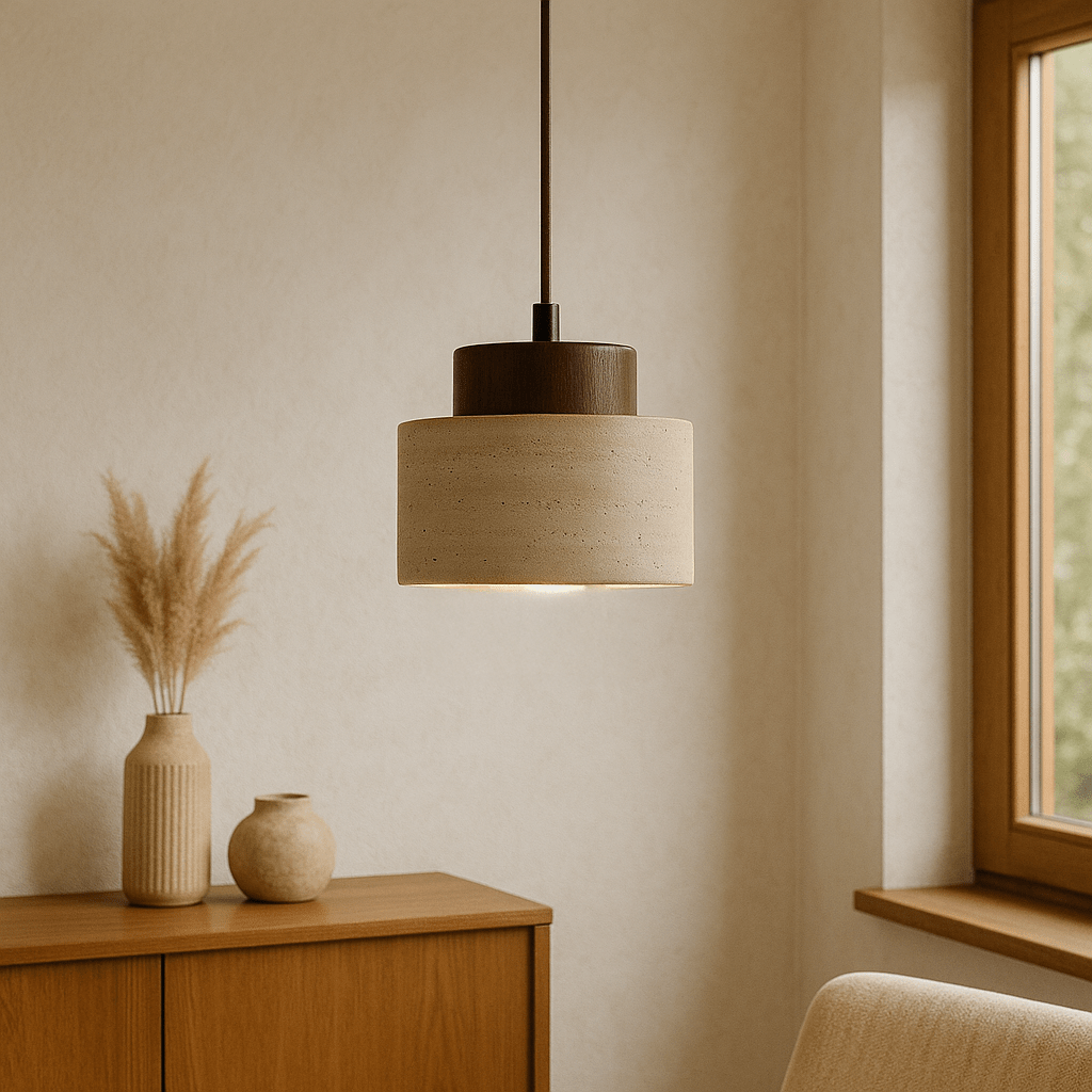 Stone Textured Shade Pendant Light With Wooden Accent, 12-Inch | Temsk