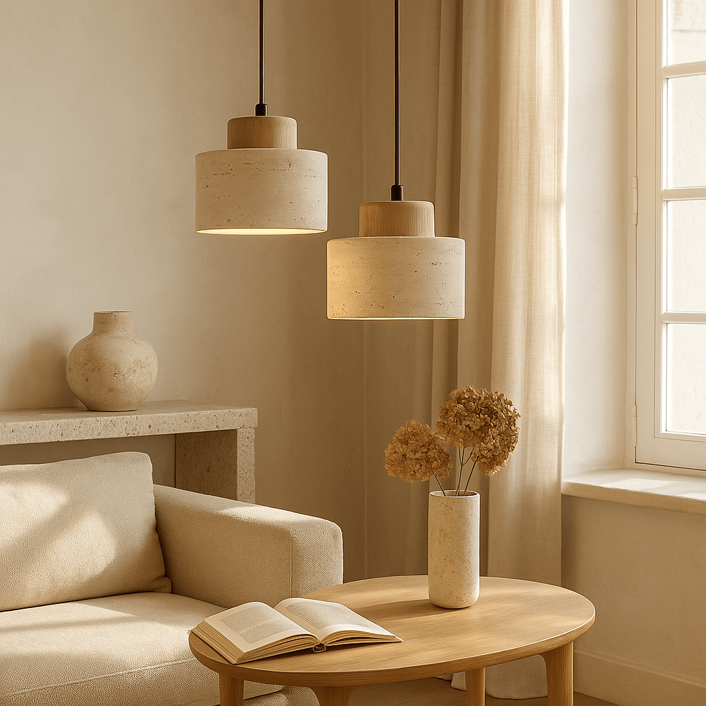 Stone Textured Shade Pendant Light With Wooden Accent, 12-Inch | Temsk