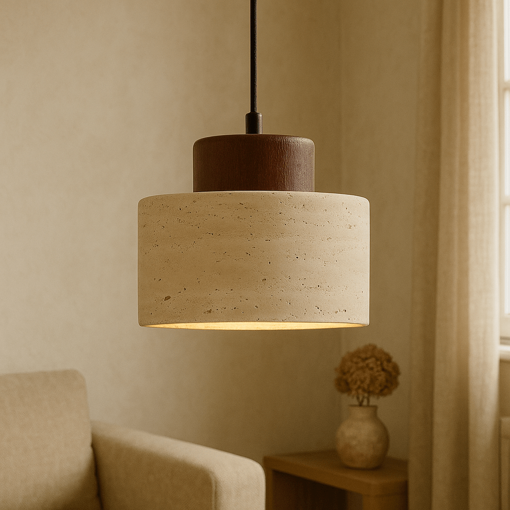 Stone Textured Shade Pendant Light With Wooden Accent, 12-Inch | Temsk