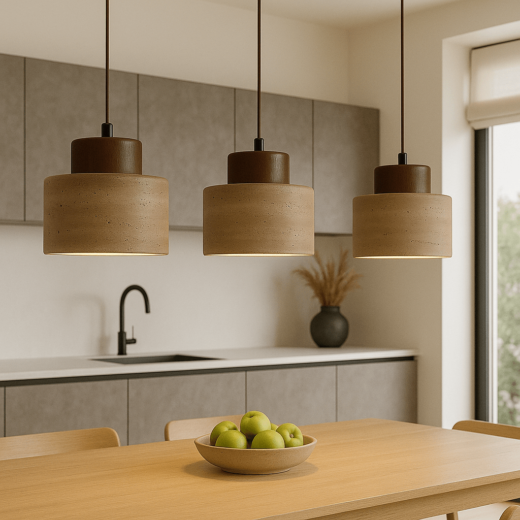 Stone Textured Shade Pendant Light With Wooden Accent, 12-Inch | Temsk