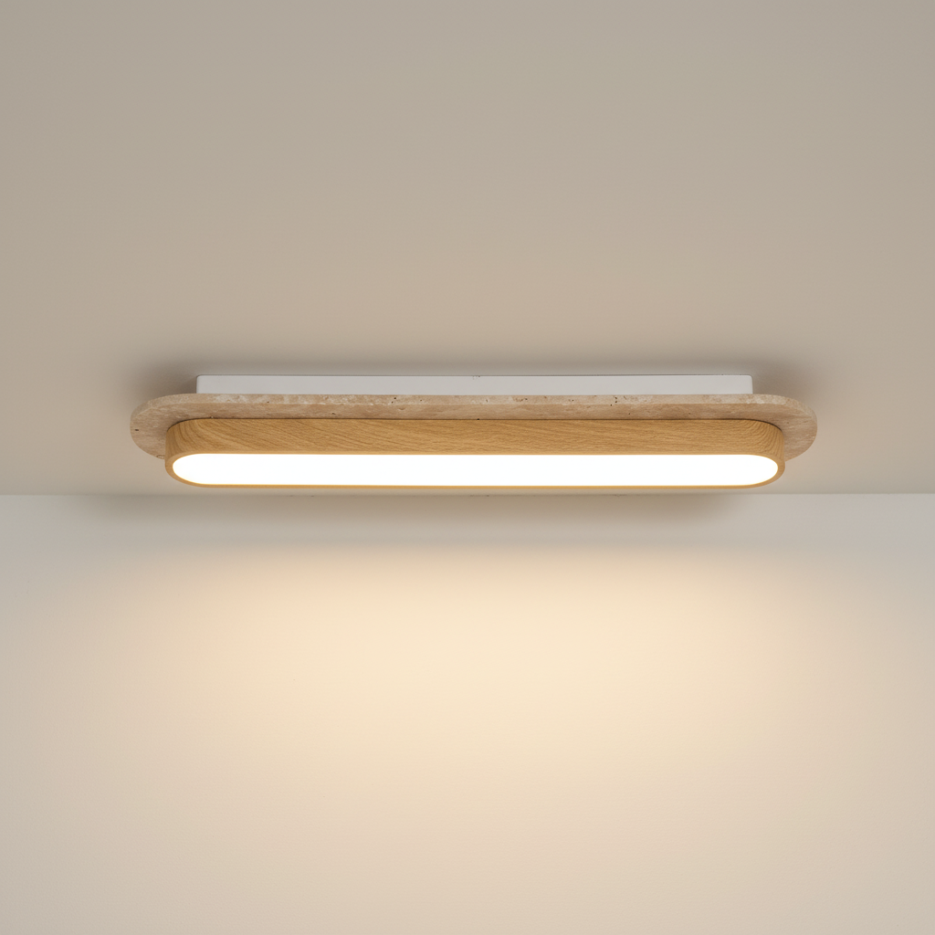 AuroraStone Natural Stone Flush Mount Ceiling Light With Wood Finish Frame | Temsk